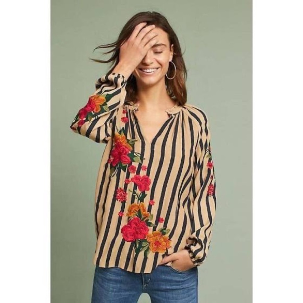 Anthropologie Akemi+Kin  Embroidered & Striped Blouse